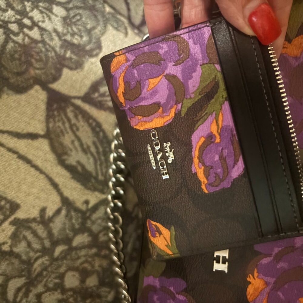 Coach Brown Leather Shoulder Bag with Purple and Orange Floral Print - Picture 4 of 10